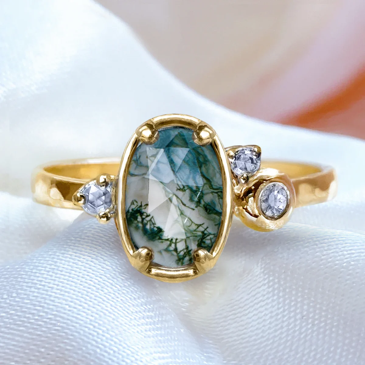 Fairytale Moss Agate Diamond Cluster Unique Engagement ring in 9ct / 14ct/ 18ct Gold