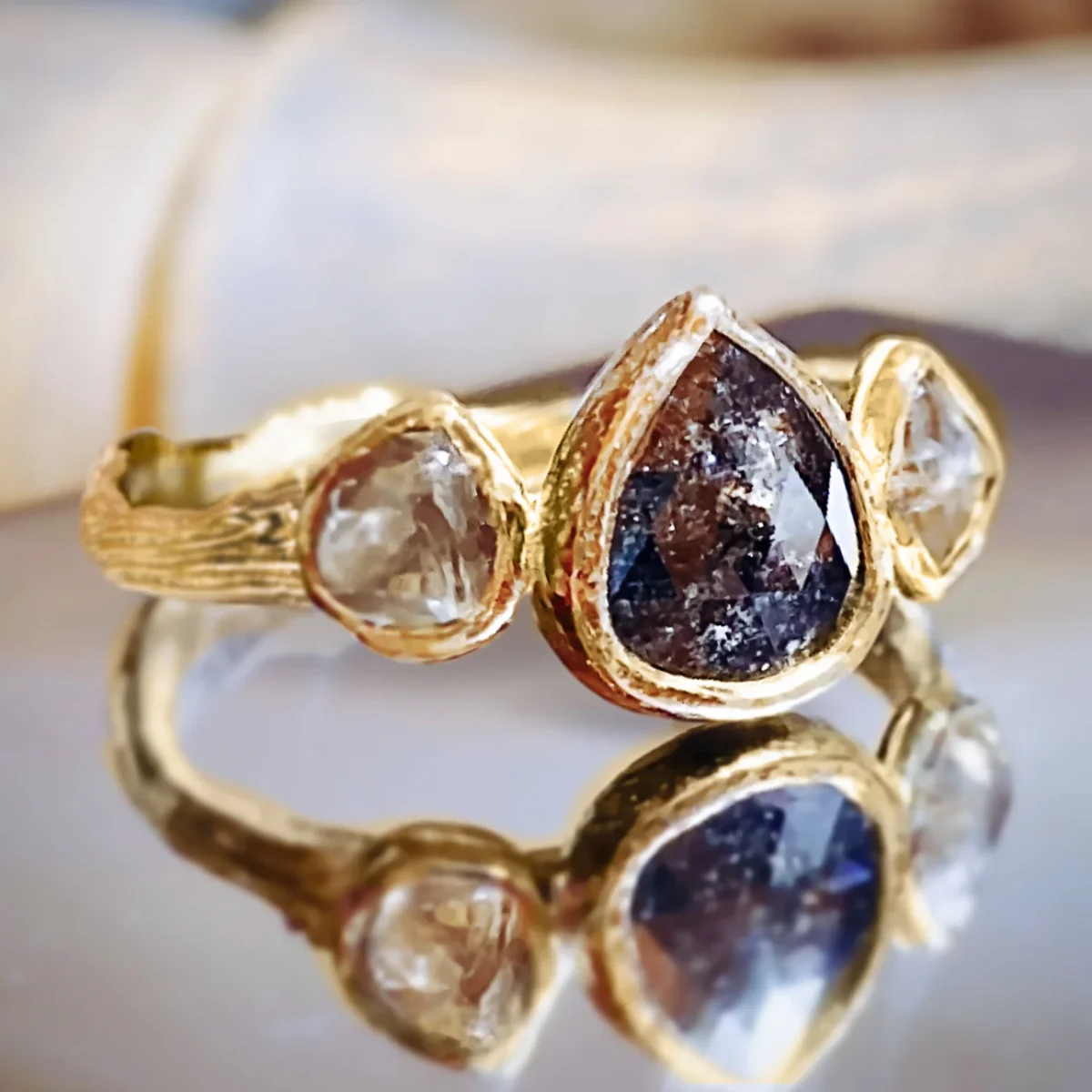Twig Salt & Pepper Champagne Rock Diamond Engagement ring in 18ct Gold